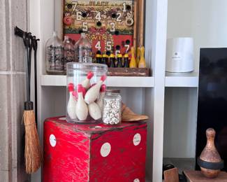 Vintage Wood Dice, Bowling Pins, Apothecary Jars