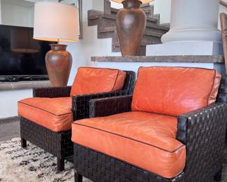 Woven & Leather Bucket Chairs with Orange Leather Cushions - so cool!