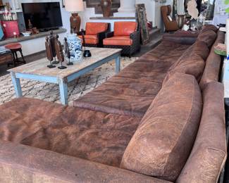 Restoration Hardware Rustic Leather Sectional Sofa with Ottoman