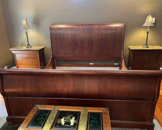 #35 - $700 Haverty's Pennyslvania house King size sleigh bed with guest mattress almost new
