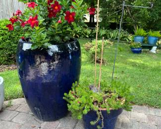 #50 - $160 Blue planter rounder with red flowers 18Rx27planter - Small one $48
