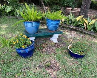 #51 - $48 Each. Planters blue x 4 - Planter with FERN IS SOLD on top bench