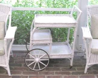 Scr Porch 4 Vintage Wicker Chairs and Tea Cart