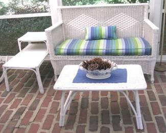 Scr Porch Vintage Wicker Setee, coffee table and lamp table