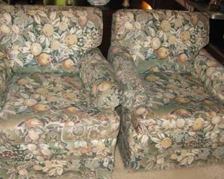 Liv Rm 25 Pair of fruit print upholstered club chairs