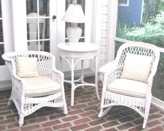 Scr Porch Vintage Bar Harbor Chairs, table and lamp