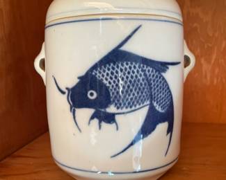  Blue and White Porcelain Koi Fish Ginger Tea Jar