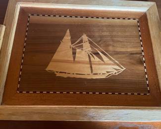 Marquetry Inlaid Wood Tray with Sailboat Design