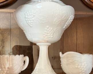 Milk Glass Harvest Grape Pedestal Candy Dish, Cream & Sugar