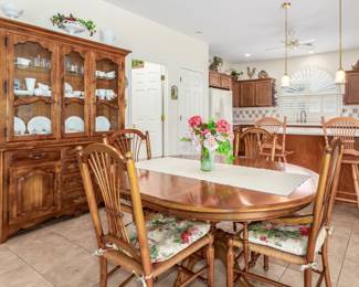 Ethan Allen Dining Room...Table w 2 Leaves and 6 Chairs, Hutch, Bar Stools pair