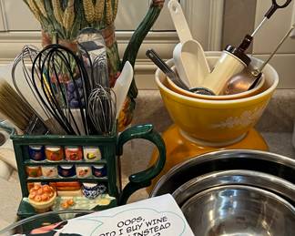 Stainless Mixing Bowls, Pyrex Bowls, Fitz & Floyd Pitcher