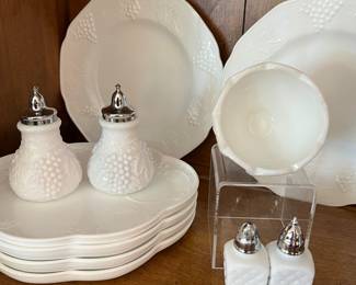 Milk Glass Salt & Pepper, Milk Glass Colony Harvest Snack Plates and Cup Set