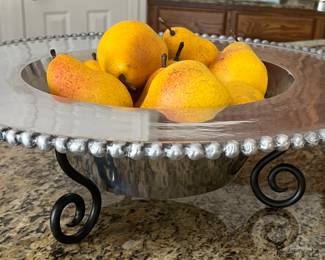 Made in India Metal Bowl on Iron Stand w Faux Pears
