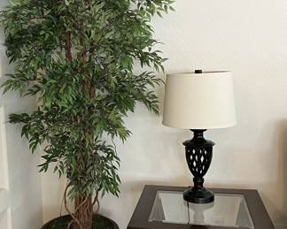 Large Faux Tree in Pot, End Table, Table Lamp pr