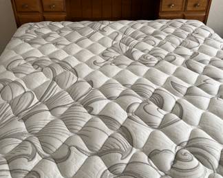 Bookcase Headboard Bed Frame, Full Size Beautyrest Bridgewater Mattress/BS, Plaid Bedding