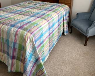 Bookcase Headboard Bed Frame, Plaid Bedding, Wingback Chair