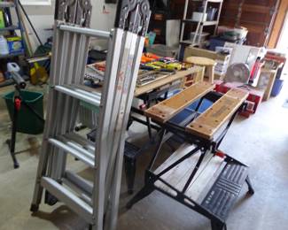 Garage completely loaded with stuff including tool chests, tool boxes, hand tools, power tools, garden tools, lawn mowers, trimmers, ladders, compressor, decorations, new sinks in boxes, carts, sleds, snowboards, pails and much more!!