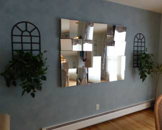 Large abstract wall mirror, pair of wall planters