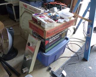 Garage completely loaded with stuff including tool chests, tool boxes, hand tools, power tools, garden tools, lawn mowers, trimmers, ladders, compressor, decorations, new sinks in boxes, carts, sleds, snowboards, pails and much more!!