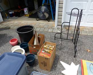 Garage completely loaded with stuff including tool chests, tool boxes, hand tools, power tools, garden tools, lawn mowers, trimmers, ladders, compressor, decorations, new sinks in boxes, carts, sleds, snowboards, pails and much more!!