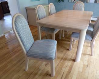 Dining table with 1 leaf, 6 chairs and buffet cabinet