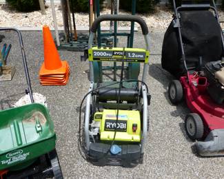 Garage completely loaded with stuff including tool chests, tool boxes, hand tools, power tools, garden tools, lawn mowers, trimmers, ladders, compressor, decorations, new sinks in boxes, carts, sleds, snowboards, pails and much more!!