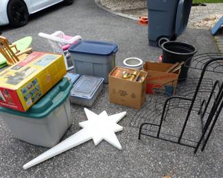 Garage completely loaded with stuff including tool chests, tool boxes, hand tools, power tools, garden tools, lawn mowers, trimmers, ladders, compressor, decorations, new sinks in boxes, carts, sleds, snowboards, pails and much more!!