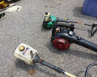 Garage completely loaded with stuff including tool chests, tool boxes, hand tools, power tools, garden tools, lawn mowers, trimmers, ladders, compressor, decorations, new sinks in boxes, carts, sleds, snowboards, pails and much more!!