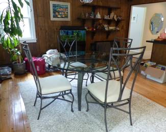 Metal and glass top dining table with 4 chairs
