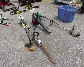 Garage completely loaded with stuff including tool chests, tool boxes, hand tools, power tools, garden tools, lawn mowers, trimmers, ladders, compressor, decorations, new sinks in boxes, carts, sleds, snowboards, pails and much more!!
