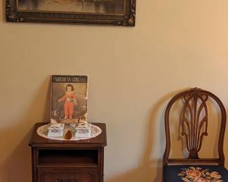 The Englehardt oil is beautiful as well as the frame.  The nightstand is 1' 5"X 2' 5" tall 1' deep.