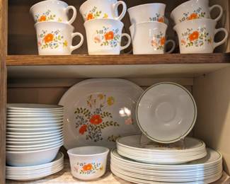 Corelle Wildflower pattern: 13 Dinner plates, 14 coffee cups, 10 saucers, 15 bowls, 6 salad plates, 1 sugar bowl, 1 platter.