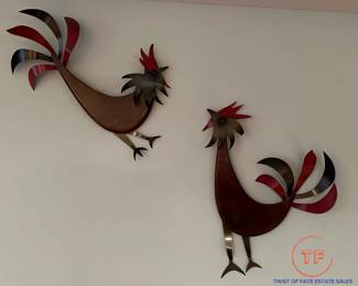 Vintage MCM Fighting Roosters Wall Art