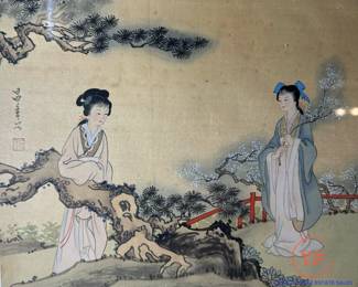 Signed Hand Painted Asian Scene on Silk