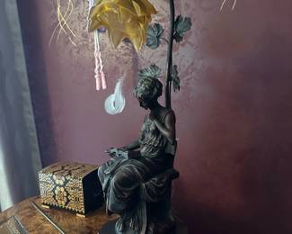 1800's Bronze Figural Table Lamp with Floral Shade