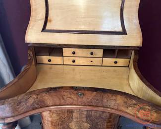 Antique 1850's Victorian Burl Walnut Desk/Davenport/Cabinet with Carved Supports