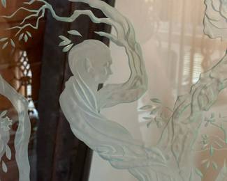 MARK HITESHEW (1982 2/100) Mid Century Art Glass Chinese Style Etched Panel - Hiteshew Studio of Design California