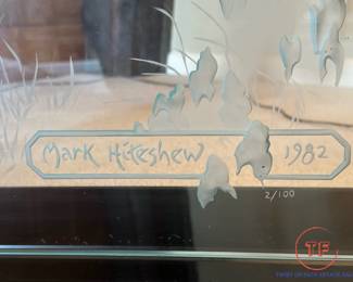 MARK HITESHEW (1982 2/100) Mid Century Art Glass Chinese Style Etched Panel - Hiteshew Studio of Design California