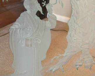 MARK HITESHEW (1982 2/100) Mid Century Art Glass Chinese Style Etched Panel - Hiteshew Studio of Design California