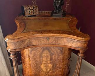 Antique 1850's Victorian Burl Walnut Desk/Davenport/Cabinet with Carved Supports