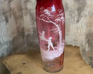 Antique MARY GREGORY Enameled Cranberry Cameo Art Glass Vase