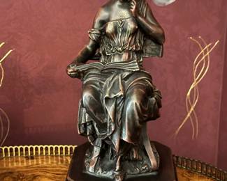 1800's Bronze Figural Table Lamp with Floral Shade