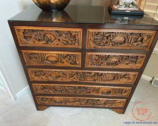 Vintage Camphor Wood Carved Chinese 7 Drawer Chest