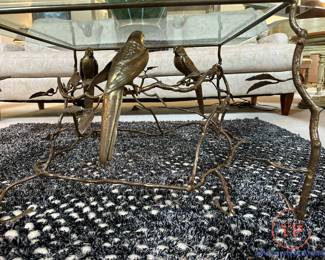 Vintage Hollywood Regency Italian Brass Sculptured Tree and Parrot Glass Topped Coffee Table 