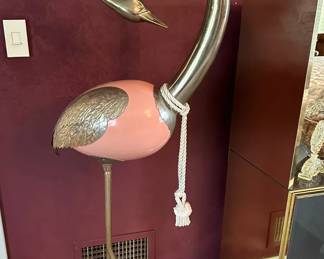 ANTONIO PAVIA Hollywood Regency Brass and Wood Flamingo Sculpture