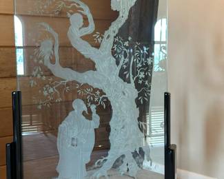 MARK HITESHEW (1982 2/100) Mid Century Art Glass Chinese Style Etched Panel - Hiteshew Studio of Design California