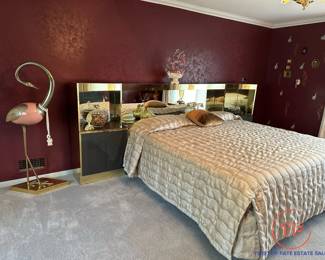 ELLO Hollywood Regency Brass and Smoked Glass Headboard with King Size Bed