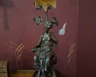 1800's Bronze Figural Table Lamp with Floral Shade
