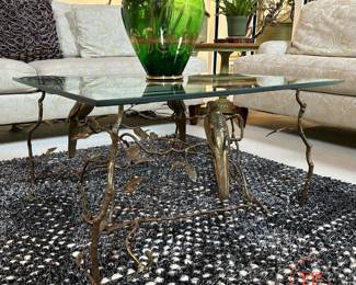 Vintage Hollywood Regency Italian Brass Sculptured Tree and Parrot Glass Topped Coffee Table 