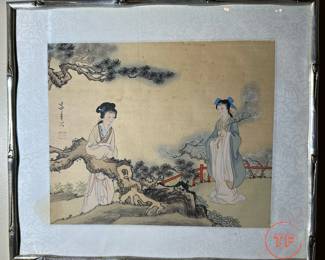 Signed Hand Painted Asian Scene on Silk